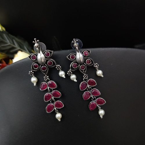 Designer Peacock Oxidized Stone Work Earrings - Image 4