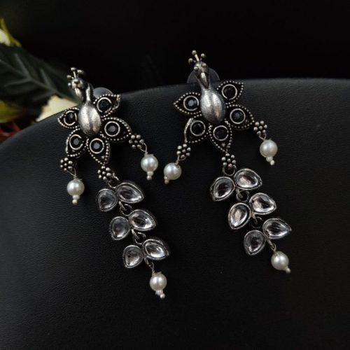 Designer Peacock Oxidized Stone Work Earrings - Image 3