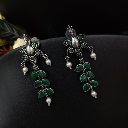 Designer Peacock Oxidized Stone Work Earrings - Image 2