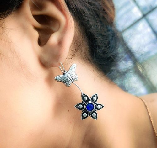 Oxidised Butterfly Flower Design Light Weight Earrings