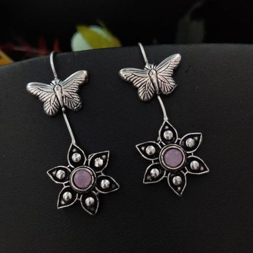 Oxidised Butterfly Flower Design Light Weight Earrings - Image 7