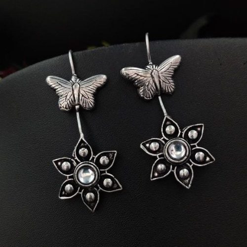 Oxidised Butterfly Flower Design Light Weight Earrings - Image 6