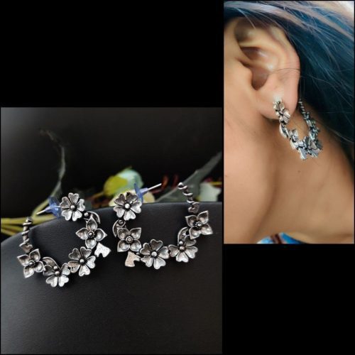 Flower Hoop Earrings in Oxidised Style