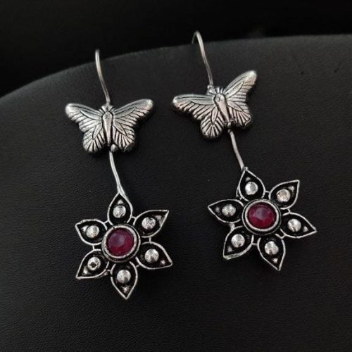 Oxidised Butterfly Flower Design Light Weight Earrings - Image 4