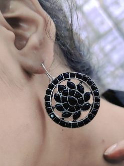 Oxidised Dangler Round lotus Design Stone Work Earrings