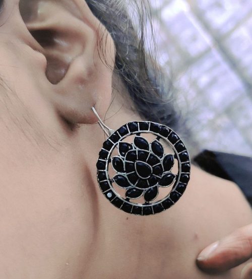 Oxidised Dangler Round lotus Design Stone Work Earrings