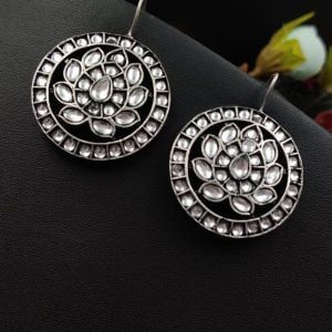 Oxidised Dangler Round lotus Design Stone Work Earrings - Color: "White"