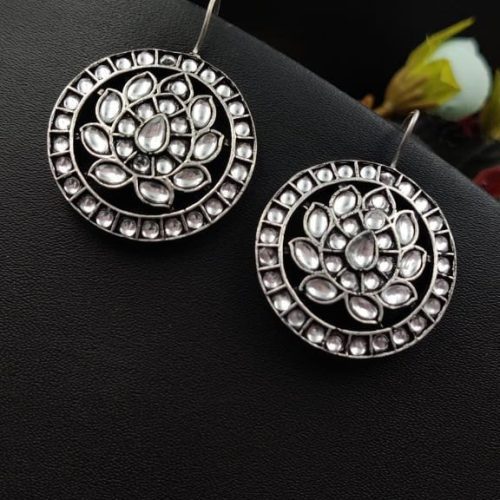 Oxidised Dangler Round lotus Design Stone Work Earrings - Image 6