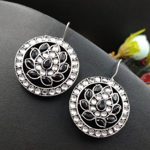 Oxidised Dangler Round lotus Design Stone Work Earrings - Image 5