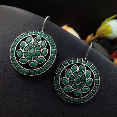 Oxidised Dangler Round lotus Design Stone Work Earrings - Image 4