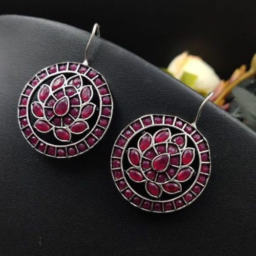 Oxidised Dangler Round lotus Design Stone Work Earrings - Image 3