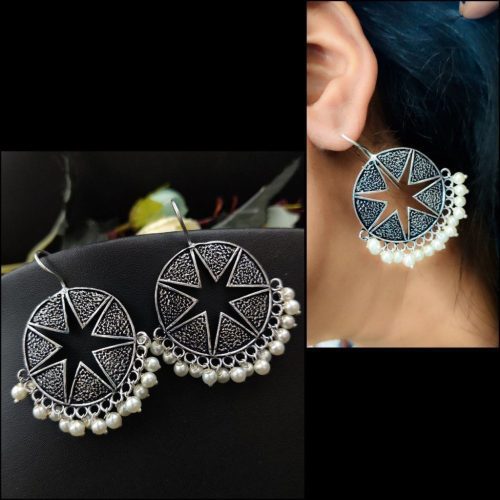 Oxidised Silver Plated Round Shape Earrings