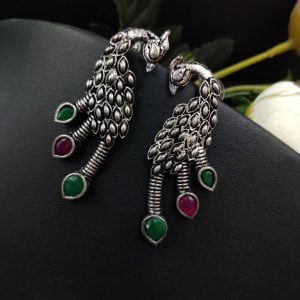 Designer Peacock Stud Earrings Casual Wear - Color: "Red Green"