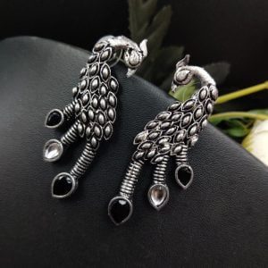 Designer Peacock Stud Earrings Casual Wear - Color: "Black White"