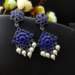 Designer Oxidized Stone Work Earrings - Color: "Blue"