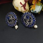 Oxidised Elephant Design Stud Earrings - "Blue"