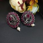 Oxidised Elephant Design Stud Earrings - "Pink"