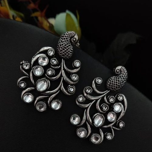 Premium Quality Oxidised Peacock Stone Stud Earrings - Image 29