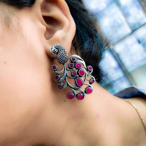 Premium Quality Oxidised Peacock Stone Stud Earrings - Image 2