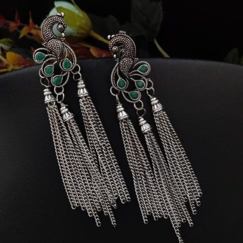 Oxidised Long Chain Earrings With Peacock Stud - Image 4