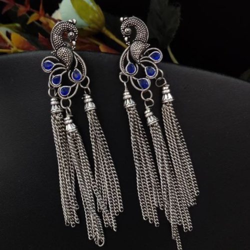Oxidised Long Chain Earrings With Peacock Stud - Image 3