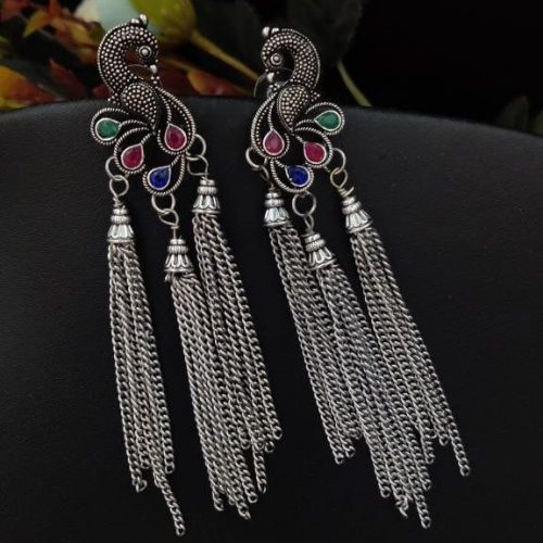 Oxidised Long Chain Earrings With Peacock Stud - Image 2