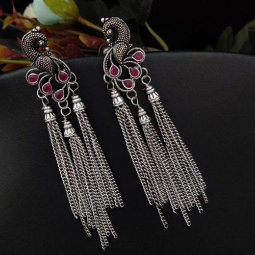 Oxidised Long Chain Earrings With Peacock Stud