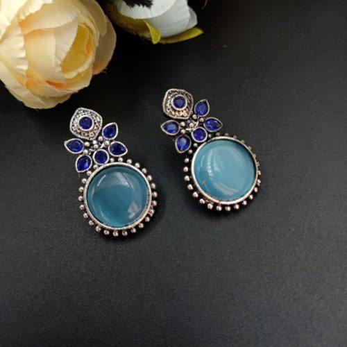 Oxidised Round Shape Monalisa Stone Stud Earrings - Image 2