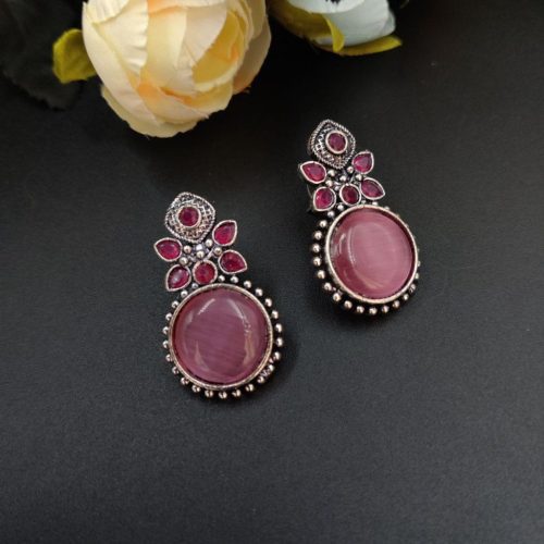 Oxidised Round Shape Monalisa Stone Stud Earrings