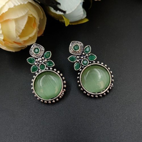 Oxidised Round Shape Monalisa Stone Stud Earrings - Image 3