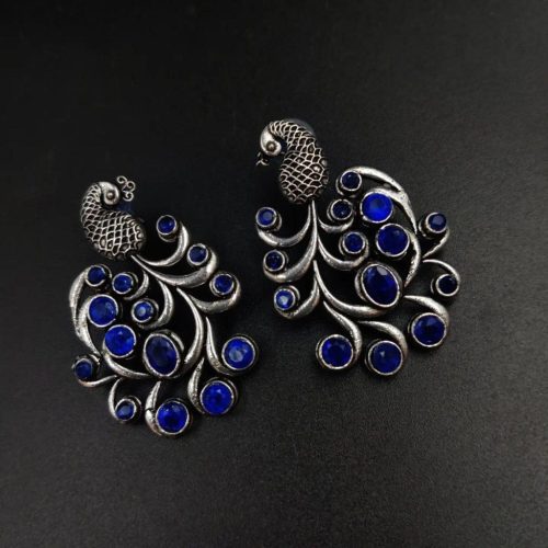 Premium Quality Oxidised Peacock Stone Stud Earrings - Image 25