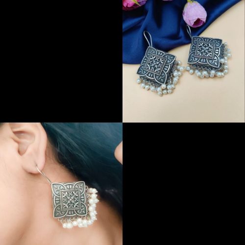 Square Shape Oxidised Engrave Design Hook Earring