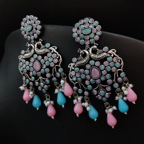 Oxidised Premium Quality Stone Work peacock Design Earrings - Image 7