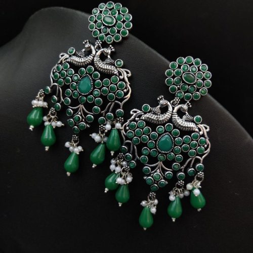Oxidised Premium Quality Stone Work peacock Design Earrings - Image 6