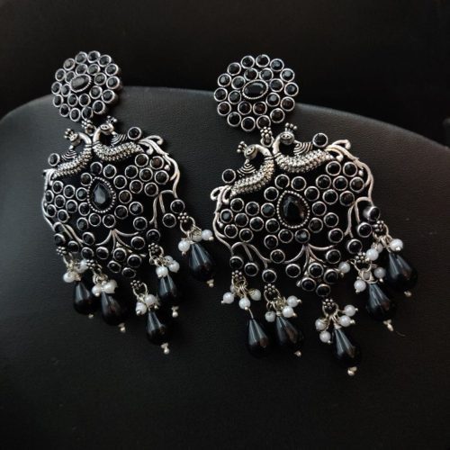 Oxidised Premium Quality Stone Work peacock Design Earrings - Image 5