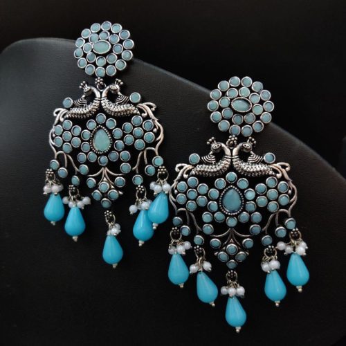 Oxidised Premium Quality Stone Work peacock Design Earrings - Image 4