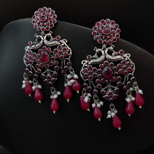 Oxidised Premium Quality Stone Work peacock Design Earrings - Image 3