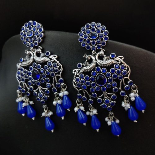 Oxidised Premium Quality Stone Work peacock Design Earrings - Image 2