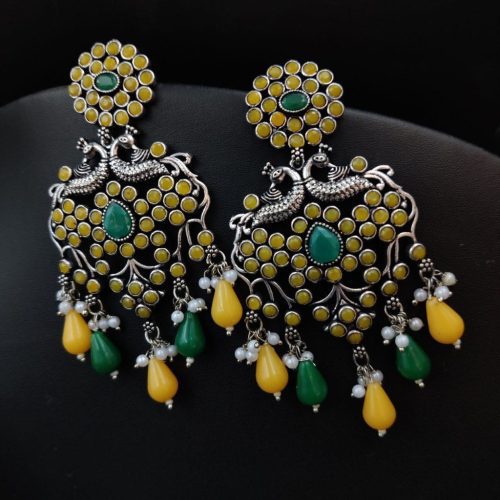 Oxidised Premium Quality Stone Work peacock Design Earrings