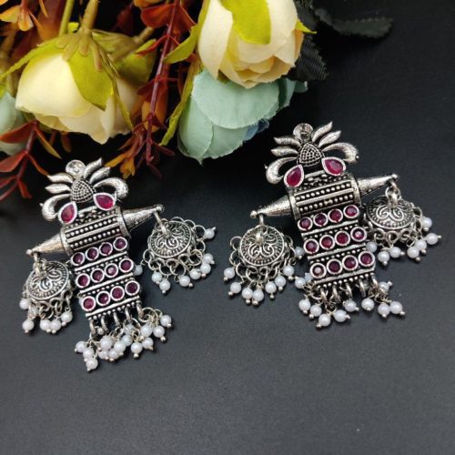 Oxidised Long Earrings Stone Work with Pearl - Image 8