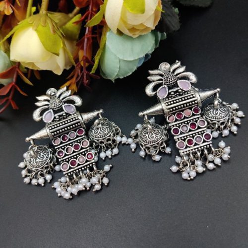Oxidised Long Earrings Stone Work with Pearl - Image 7