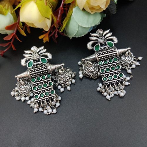 Oxidised Long Earrings Stone Work with Pearl - Image 6