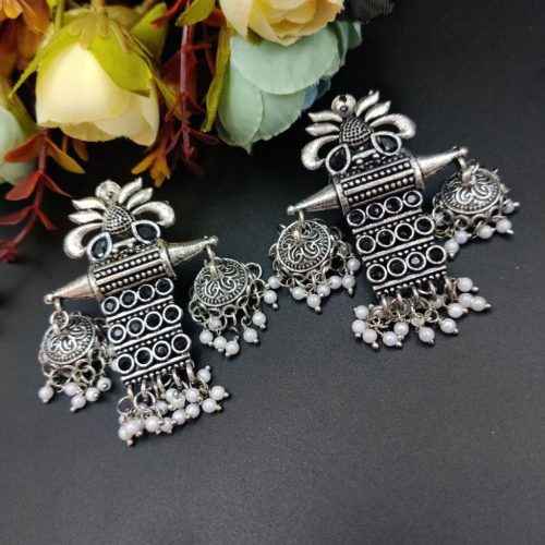 Oxidised Long Earrings Stone Work with Pearl - Image 5