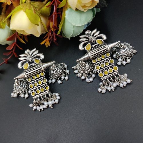 Oxidised Long Earrings Stone Work with Pearl - Image 4