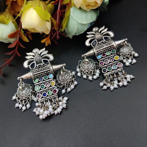 Oxidised Long Earrings Stone Work with Pearl - Image 3