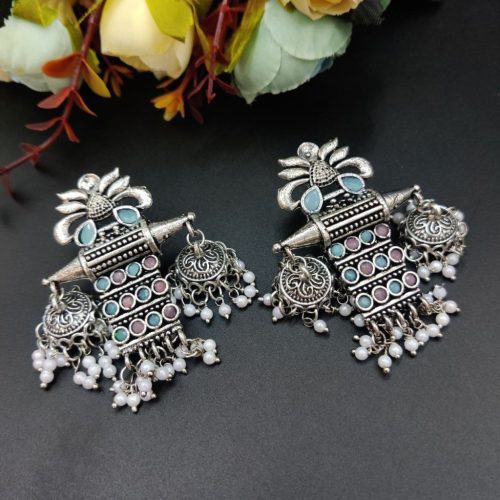 Oxidised Long Earrings Stone Work with Pearl - Image 2