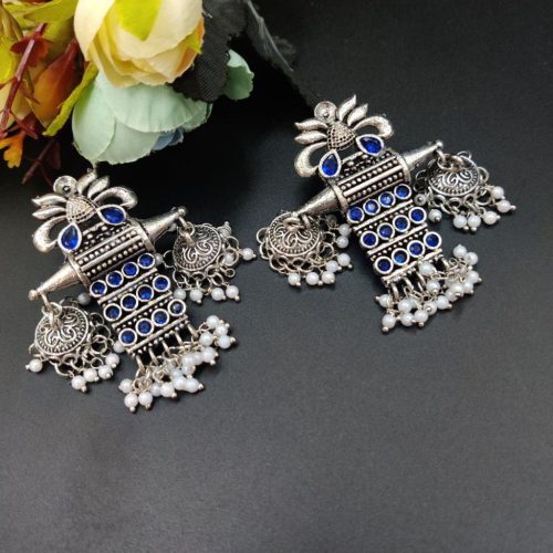 Oxidised Long Earrings Stone Work with Pearl