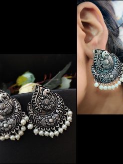 Oxidised Peacock Stud Earrings with Pearl Work