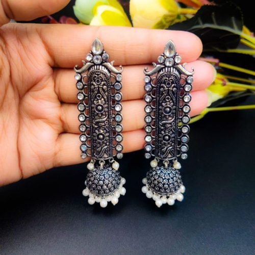 Traditional Temple Style Oxidised Jhumka Earrings - Image 7
