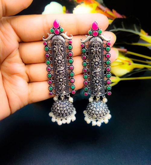 Traditional Temple Style Oxidised Jhumka Earrings - Image 6